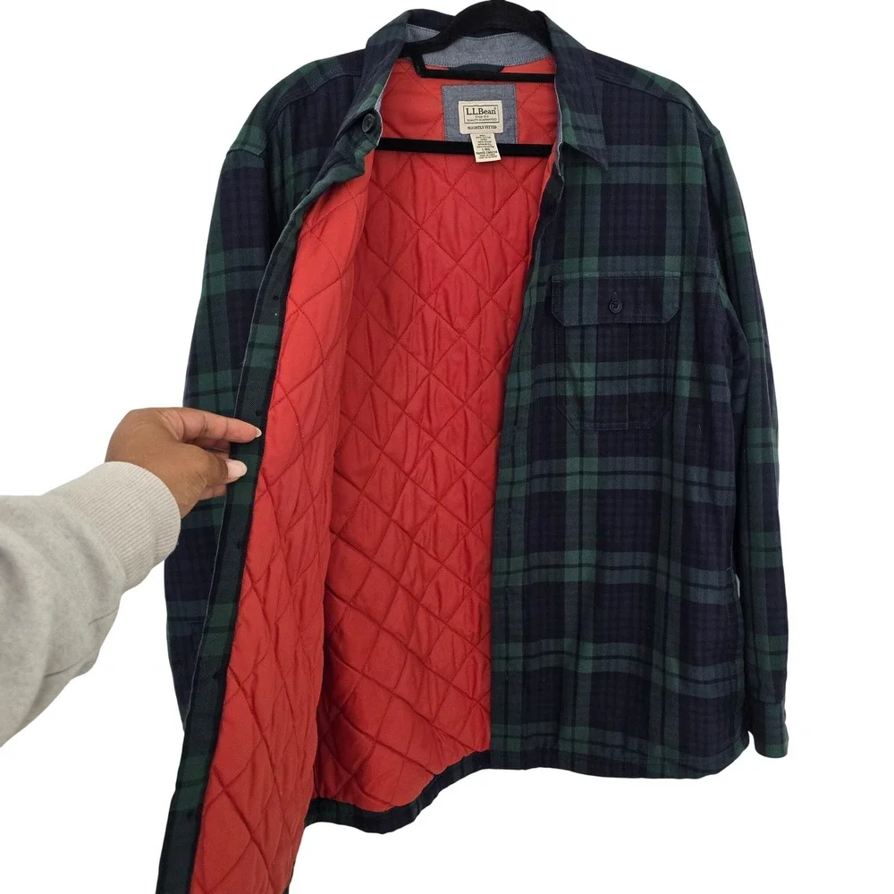 L.L.Bean Quilted Flannel Shirt Jacket Men Large Green Blue Plaid Quilted Shacket